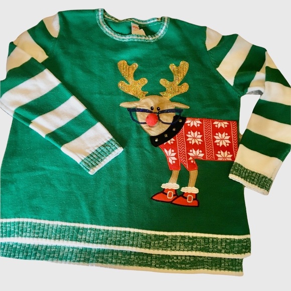 Ugly Christmas sweater reindeer wearing glasses striped sleeves Large size - Picture 7 of 9